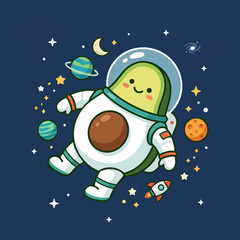 Fototapeta premium Cute avocado astronaut floating in space with planets and stars.