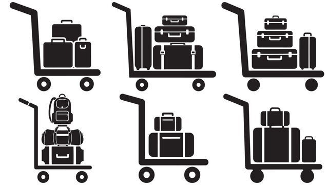 Airport luggage carts loaded with suitcases and travel bags, isolated black silhouette icons for tourism and transportation concepts