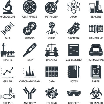 Science and Medical Icons: Microscope, DNA, Virus, Bacteria, Atom, Beakers, Petri Dish, Pipette, Thermometer, Balance, Gel Electrophoresis, PCR Machine, Graph, Chromatogram, Data Vector Set