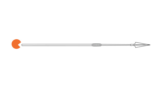 Long spear weapon with a simple white shaft and a unique orange pacman like head on a white background.