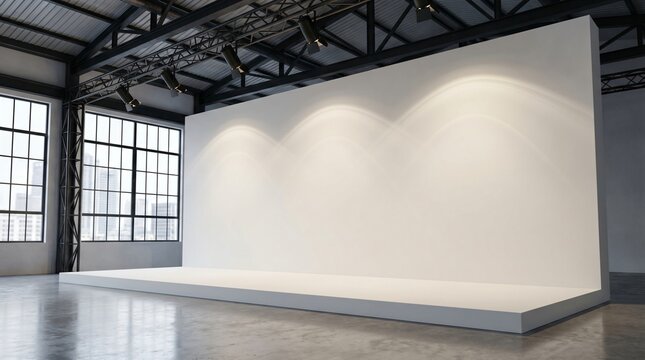 Empty white mockup stage in a modern industrial loft studio with big windows. Minimalist exhibition booth with blank white wall and spotlights in concrete interior.