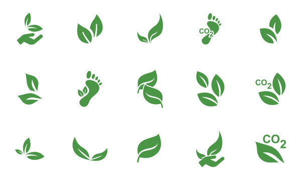 Eco Friendly Green Leaf Icons Set &ndash; Sustainability, Nature, Organic, Carbon Footprint and Environmental Conservation Vector Collection.