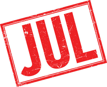 Distressed red rubber stamp impression with the word JUL in bold capital letters