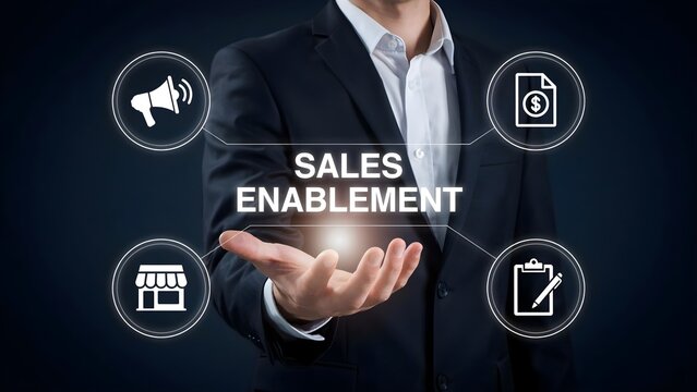 Sales enablement concept businessman holding a virtual interface with icons representing marketing, financial documents, retail and business planning