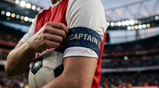 Closeup of a football player wearing a captains armband holding a soccer ball on a stadium pitch