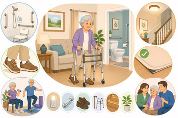 Fototapeta premium Senior fall prevention home safety illustration
