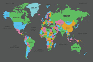 Political world map showing countries on dark background vector style © sufyan
