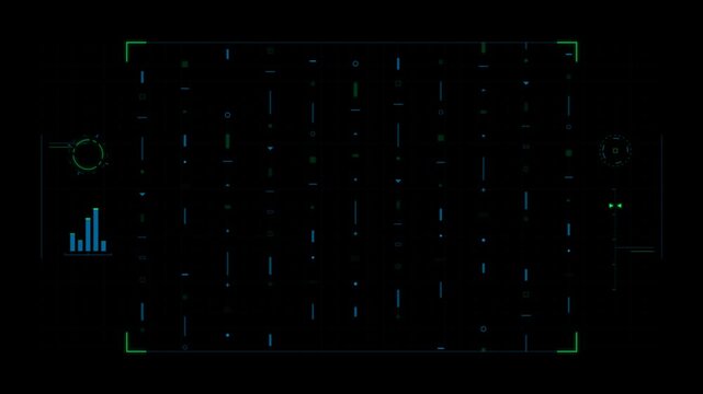 Futuristic HUD digital interface with blue and green data visualization elements on black background.