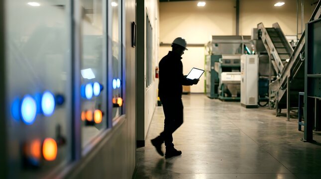 Professional facility manager walking down a bright modern office corridor while performing a