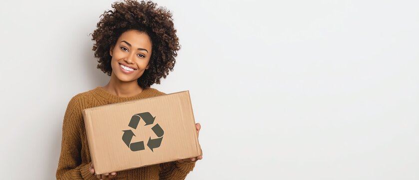 Woman promoting recycling with cheerful smile.