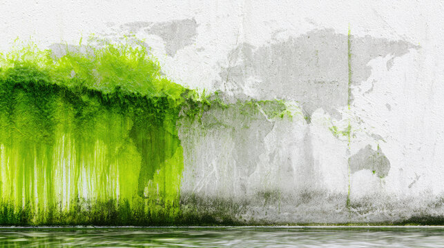 Green algae concrete wall abstract concept environmental design clean background vast negative space soft daylight contemporary aesthetic sharp focus