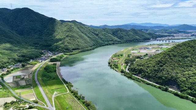 aerial view of river between the mountains in Japan , 4K landscape 