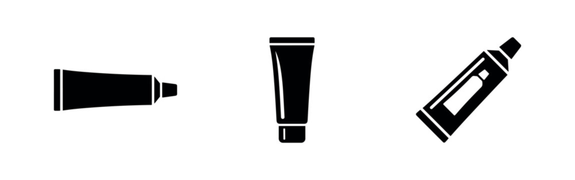 Set of black silhouette tube icons, representing cosmetic cream, toothpaste, or ointment packaging