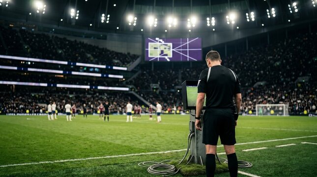 Football referee reviewing a var decision on a pitchside monitor during a professional match in a crowded stadium