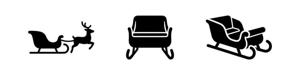 Three black icons featuring a reindeer pulling a sleigh, a chair, and a sleigh. © Lili