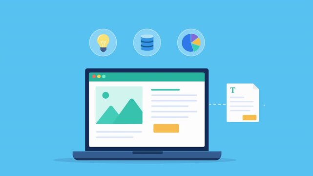 Modern flat vector animation featuring a laptop dashboard with insight, database, and analytics icons. Ideal for business intelligence, data management, reporting, and digital analytics concepts.