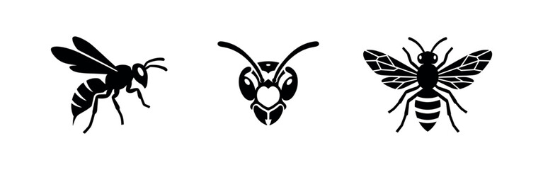 Fototapeta premium Three black silhouette wasp icons, depicting a flying wasp, head, and winged insect.