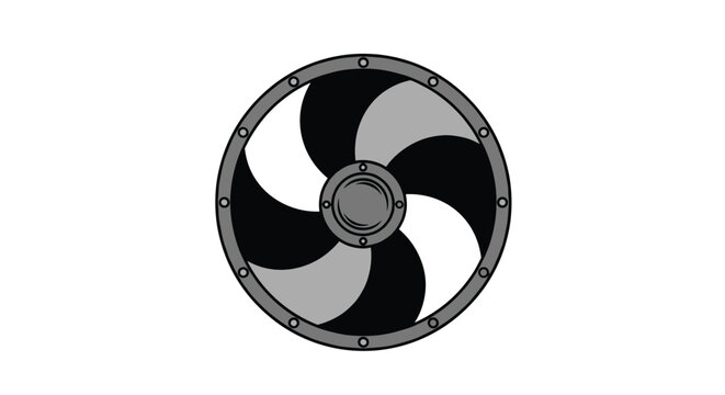 Traditional round Viking shield features a rotating spiral pattern in black grey and white for protection during ancient battles.