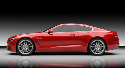 Naklejka premium Red sports car with sleek design and alloy wheels displayed against a gradient background, showcasing its aerodynamic profile and modern aesthetics