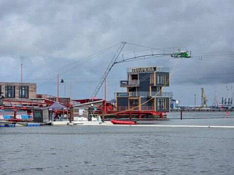 wakepark at the river Warnow in Rostock, 14th June - 2026, cloudy sky after rain