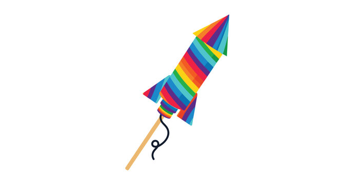 Vibrant rainbow colored firework rocket with a fuse ready for celebration and holiday events on a white background.