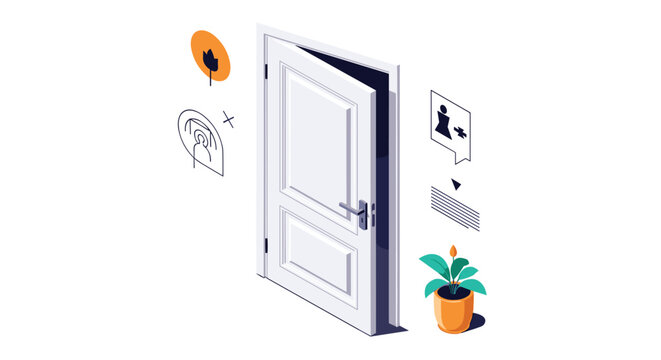 Open white door in an isometric view with floating icons representing property, plants, and data for smart home concepts.