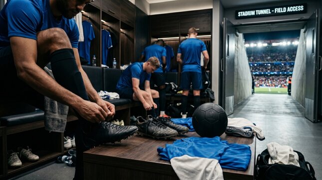 Professional soccer players preparing in the locker room before a match in a stadium