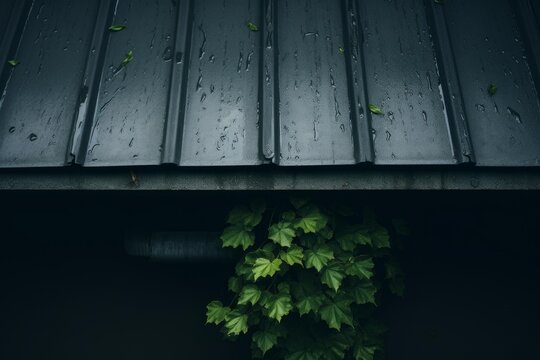 Raindrops falling on a dark corrugated metal roof with green plant leaves below a drainpipe