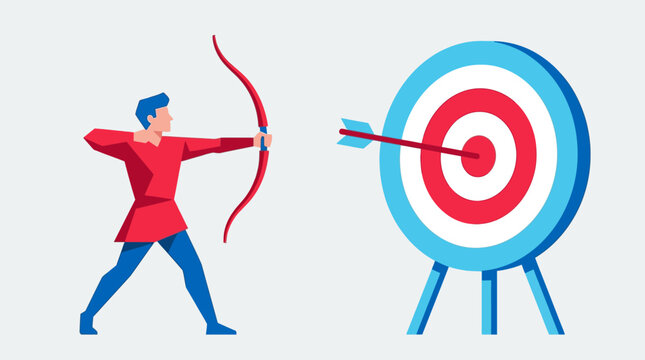 Business Goal Achievement flat vector illustration of an archer hitting a bullseye target ideal for corporate strategy presentations and marketing success concepts.
