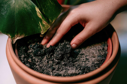 Dry soil terracotta pot hand plant wilting leaf indoor macro