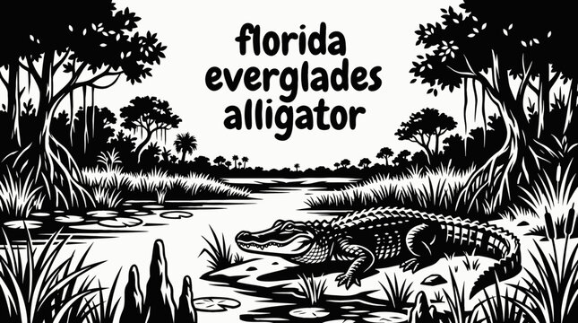 florida everglades wetland landscape with alligator animal near water plants and natural scenery representing american wildlife environment black and white