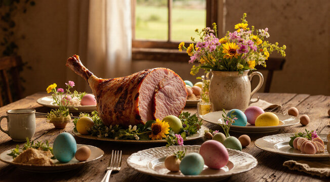 rustic wooden table is set for an Easter feast featuring a roasted ham as the centerpiece, accompanied by colorful eggs and a vase of wildflowers