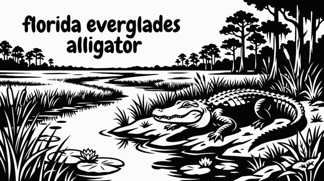 florida everglades wetland landscape with alligator animal near water plants and natural scenery representing american wildlife environment black and white