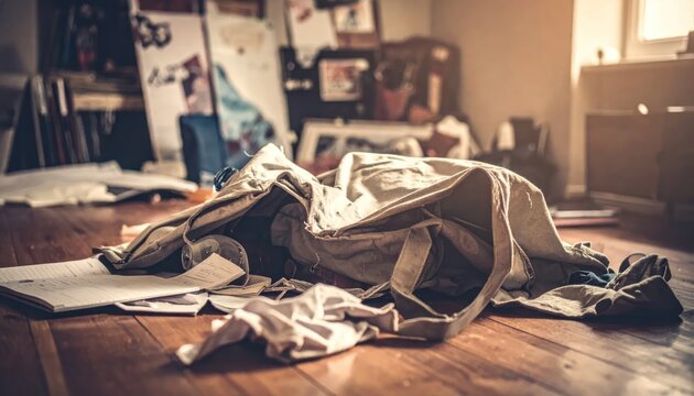 Messy studio floor with open bag and discarded materials.