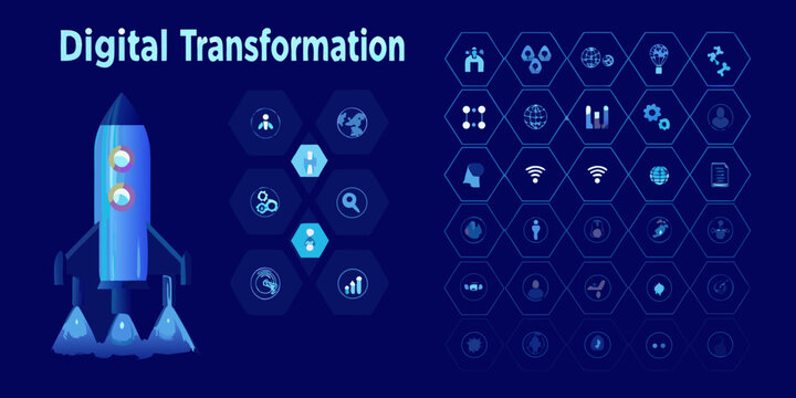 Isometric rocket ship icon with digital transformation themed icons on a dark blue background