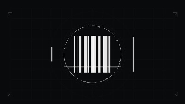 Futuristic digital HUD interface scanning abstract symbol into a barcode on a dark grid background