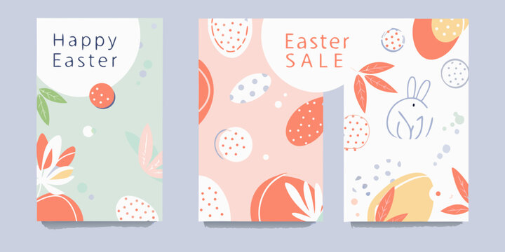 Floral ornament and speckled eggs vector illustration with pastel colors arranged in a poster set