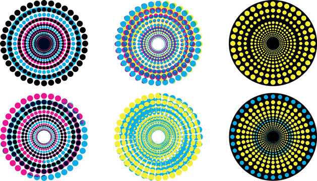 Abstract Halftone Dotted Circular Mandala Vector Set with CMYK Radial Patterns Optical Illusion and Psychedelic Geometric Elements for Modern Graphic Designs