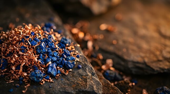 Pile of crushed blue lapis lazuli stones and copper shavings on slate