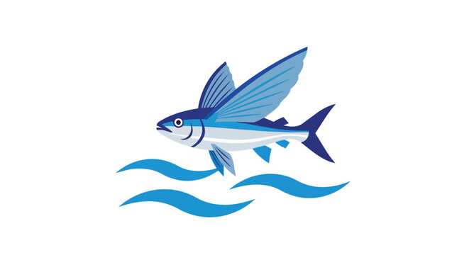 Flying Fish Leaping Above Blue Ocean Waves Vector Art Illustration Graphic Isolated on White Background