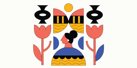 Fototapeta premium Abstract illustration of a woman with black hair surrounded by red tulips, black vases, and golden sun