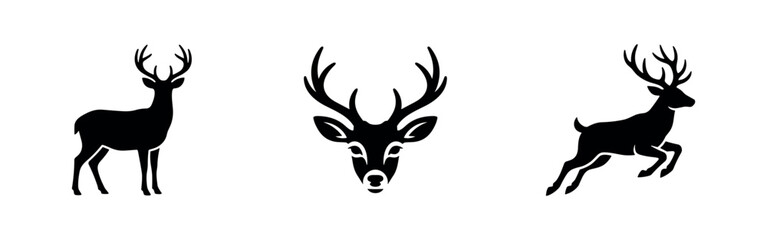 Obraz premium Set of 3 black deer icons on white background