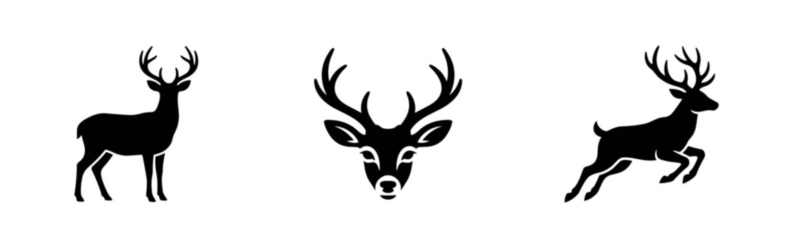 Set of 3 black deer icons on white background