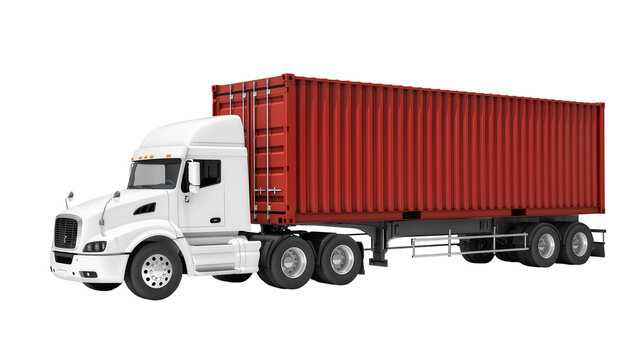 White semi-truck tractor with red shipping container trailer