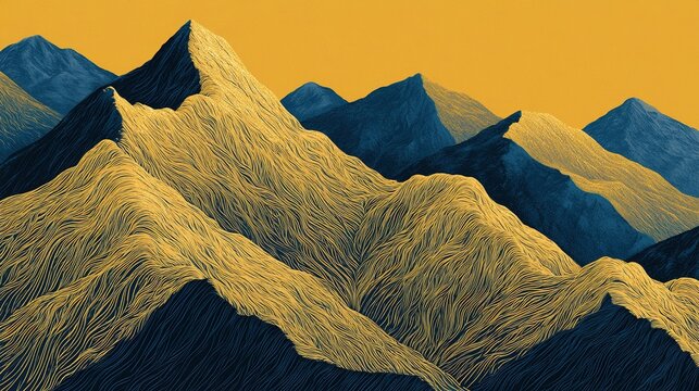 Clean graphic digital abstract mountain range artwork, solid golden yellow sky, alternating navy blue and shimmering gold mountain blocks, thin sinuous parallel curved lines detail gold terrain