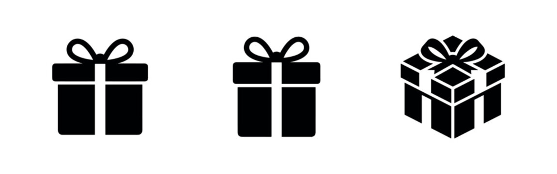 Set of 3 black gift box icons on white background