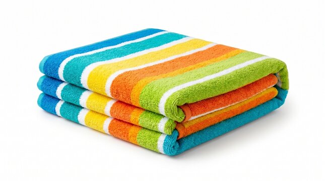 Folded striped beach towel PNG isolated on transparent background, colorful summer vacation accessory for travel and relaxation