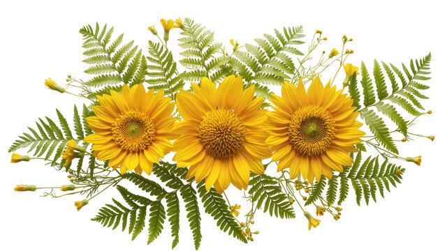 Three yellow sunflowers with green fern leaves and small yellow flowers