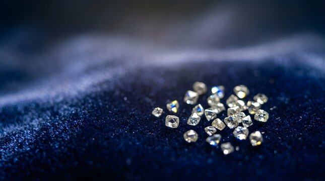 Raw natural diamonds scattered on soft blue velvet fabric background