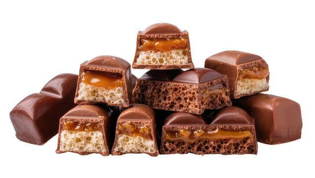 Chocolate bars with caramel and nougat filling, some cut open